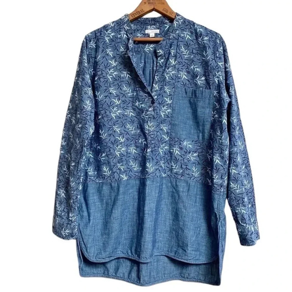 Gap Chambray Branch Print Tunic Shirt Blue Cotton High Low Long Sleeve Sz M - Picture 1 of 11